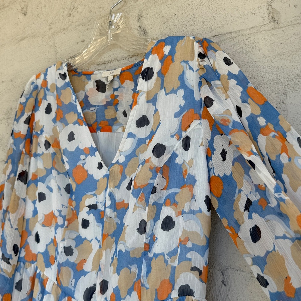 Joie Blue/Coral Floral Tiered Flowy Boho Prairie Dress W High-Low Hem Size XS - Picture 7 of 15